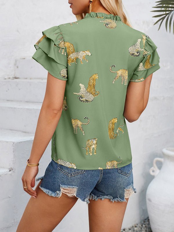 New casual summer V - neck printed ruffle sleeve top - Top